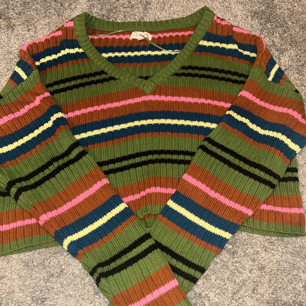 La Hearts Colorful Striped V-Neck Sweater